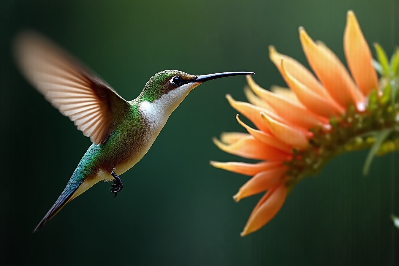 A green hummingbird with a white throat hovers beside orange flowers against a soft dark-green background.