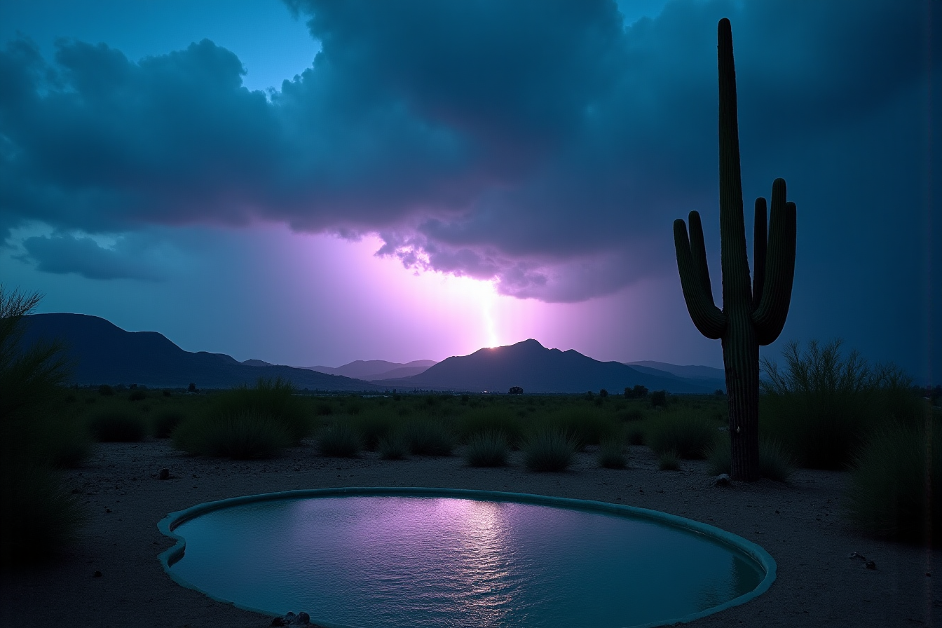 Violet lightning lights storm clouds behind desert mountains, a tall saguaro, and an oval pool reflecting the sky.