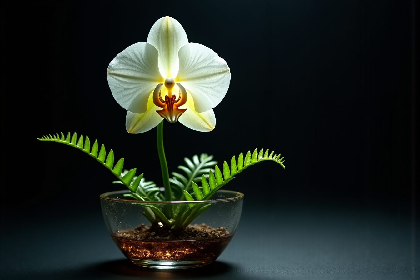 A pale orchid rises above green fern fronds in a shallow glass bowl against a dark studio background.
