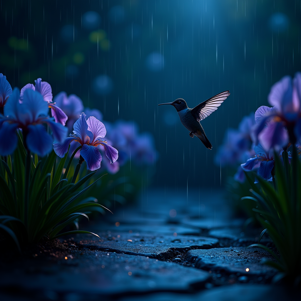 A hummingbird hovers beside luminous violet flowers in a dark, rain-streaked garden.