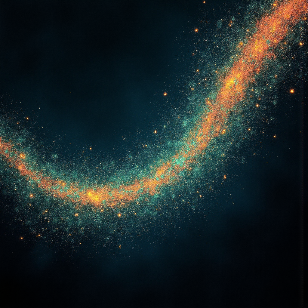 Abstract turquoise and coral ribbons and scattered particles curve diagonally across a dark field.